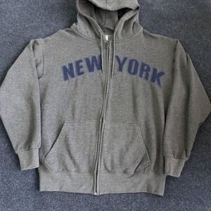 Y2K New York Hoodie Mens XL Gray Fleece Full Zip WALI City Graphic Sweatshirt